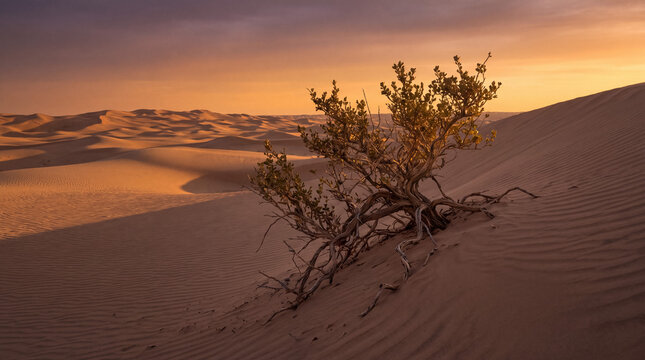 Desert shrub surviving on sand dune landscape during a vibrant sunset with warm sky colors