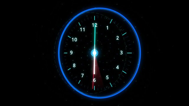 Digital clock face with glowing neon hands showing midnight on a dark starry background