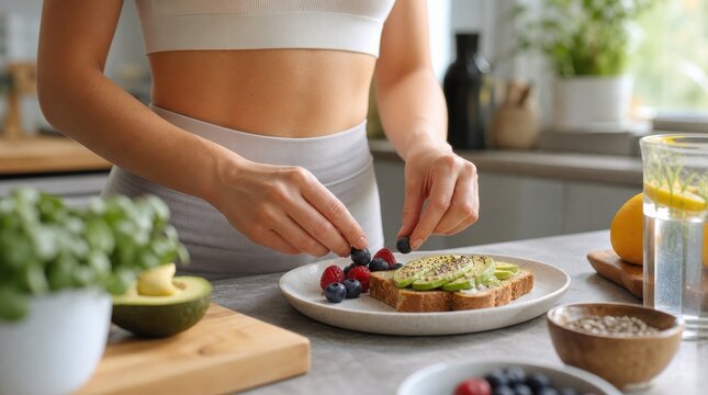 Healthy living concept, active woman preparing a nutritious breakfast in a bright modern kitchen