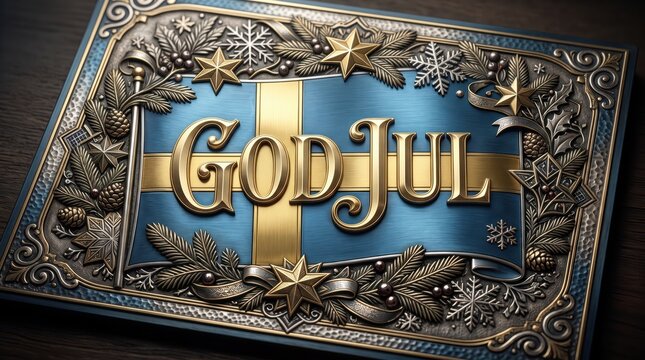 Luxury Swedish Christmas greeting card featuring an embossed metal flag, Nordic ornaments and elegant God Jul typography