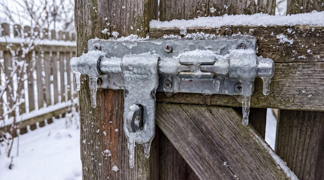 Frozen gate latch with icicles and snow on a rustic wooden fence during cold winter weather outdoors