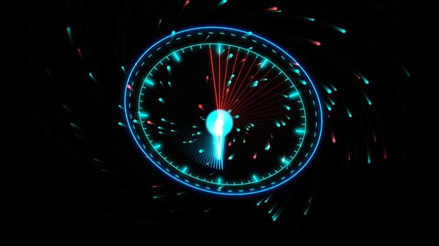 Abstract digital clock face with glowing neon light trails and futuristic circular interface