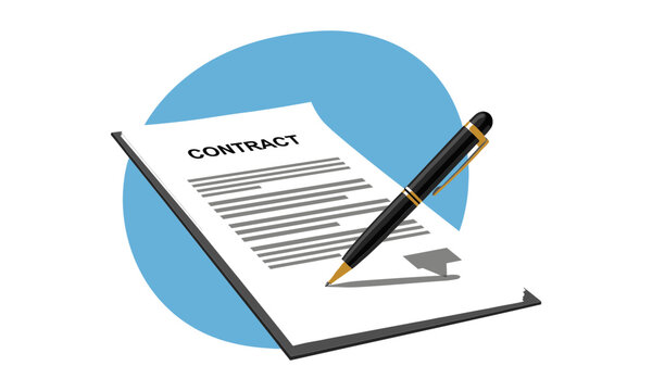 Legal contract document with a black pen resting on top of the pages