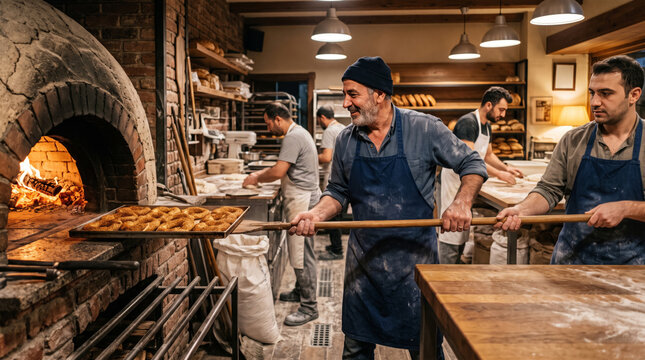 Bakers in traditional bakery using wood fired oven to bake fresh bagels and bread