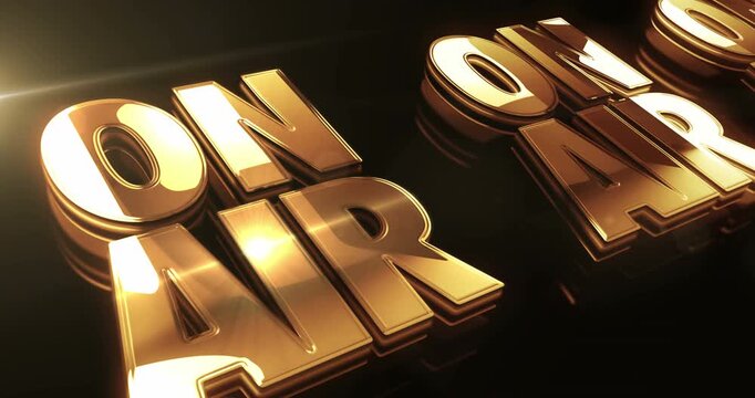 On air studio broadcast golden metal shine symbol concept. Spectacular glowing and reflection light icon abstract. Seamless and looped 3d animation.