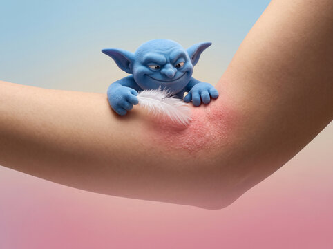 Itch gremlin tickling an inner elbow with a feather, funny eczema itch concept