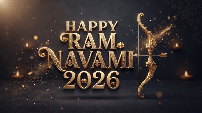 Happy ram navami 2026 golden text with bow and arrow