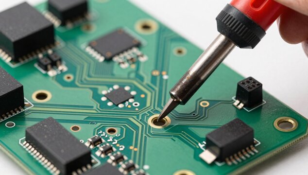 Close-up of a soldering iron tip touching a green circuit board with components