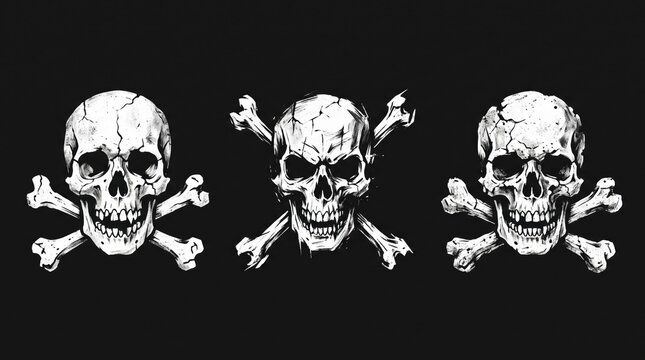 Vintage skull and crossbones illustration set, grunge pirate skulls line art, dark gothic emblem graphic