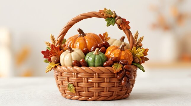 Autumn harvest basket overflowing with colorful pumpkins gourds leaves and fall flowers