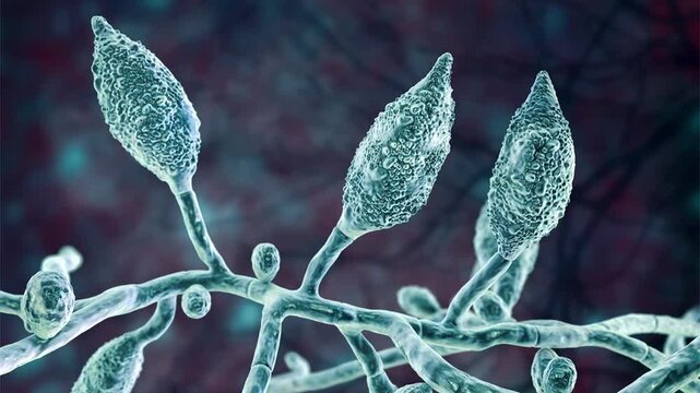 Microsporum canis, 3D animation. Zoophilic dermatophyte fungus causing tinea capitis, tinea corporis and other superficial infections of hair and skin in humans and animals.