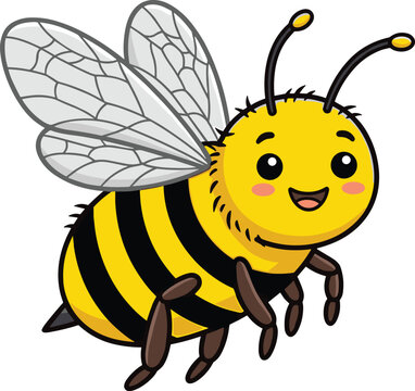 Cheerful cartoon bee illustration with yellow and black stripes flying happily, perfect for educational materials, children's books, and environmental conservation branding