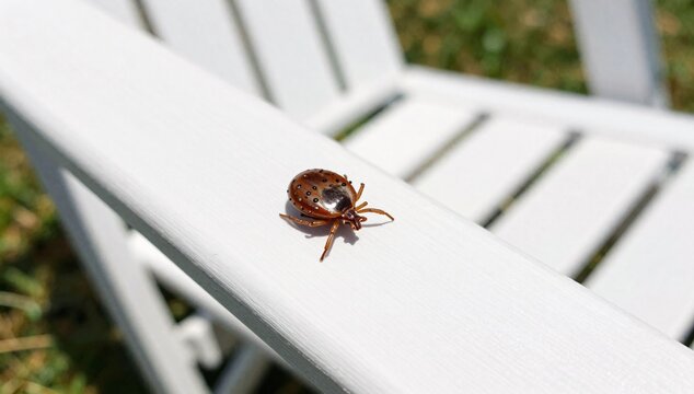 Brown tick with black spots crawling on a white wooden surface outdoors