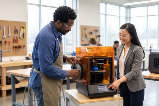 Adults learning hands-on 3D printing in a makerspace