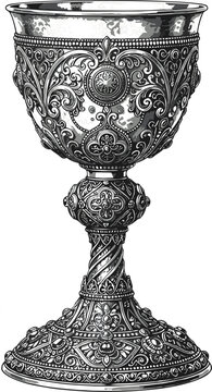 Vintage ornate holy chalice goblet vector illustration featuring detailed gothic filigree engravings for religious sacramental rituals