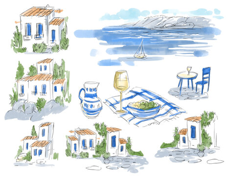 Mediterranean city, vacation, watercolor hand drawn  sketch, sea,  set illustration