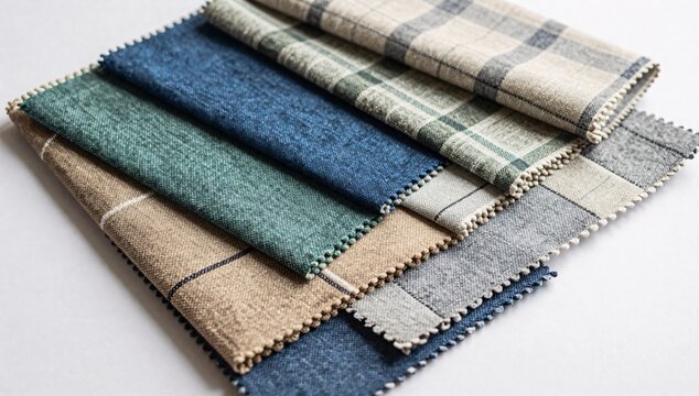 Layered fabric swatches with textured patterns and plaid designs in blue and green tones