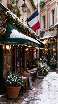 French cafe snowy Paris street