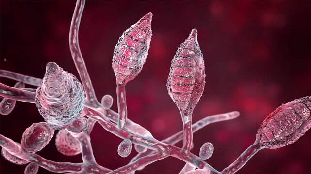 Microsporum canis, 3D animation. Zoophilic dermatophyte fungus causing tinea capitis, tinea corporis and other superficial infections of hair and skin in humans and animals.