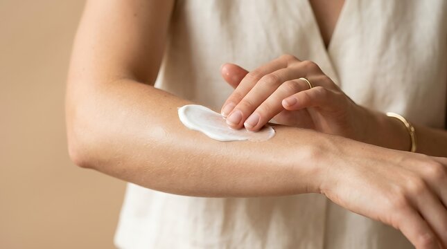 A person applying smooth white body lotion onto their arm, ideal for skincare and wellness concepts