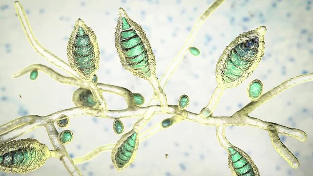 Microsporum canis, 3D animation. Zoophilic dermatophyte fungus causing tinea capitis, tinea corporis and other superficial infections of hair and skin in humans and animals.