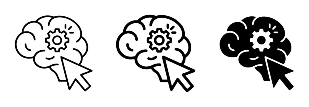 Brain Gear Icon Set, Click Cursor Symbol, Cognitive Process Vector Graphics, Artificial Intelligence Concept