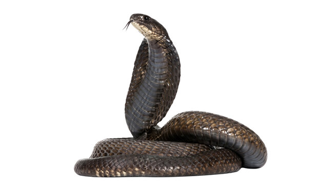 Black king cobra snake coiled in strike position with hood expanded for wildlife danger and predator concepts.