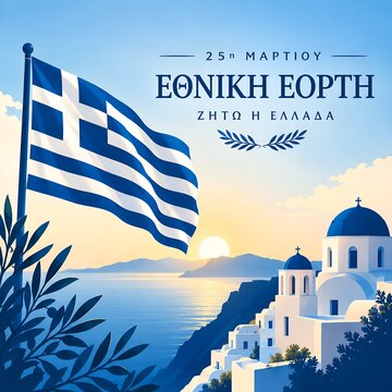 Greek flag waving over greek island architecture at sunset