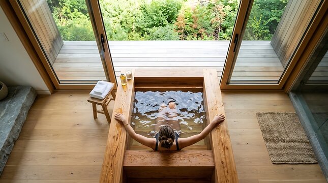 Woman relaxing in a wooden soaking tub inside a modern bathroom with a scenic forest view for wellness concepts