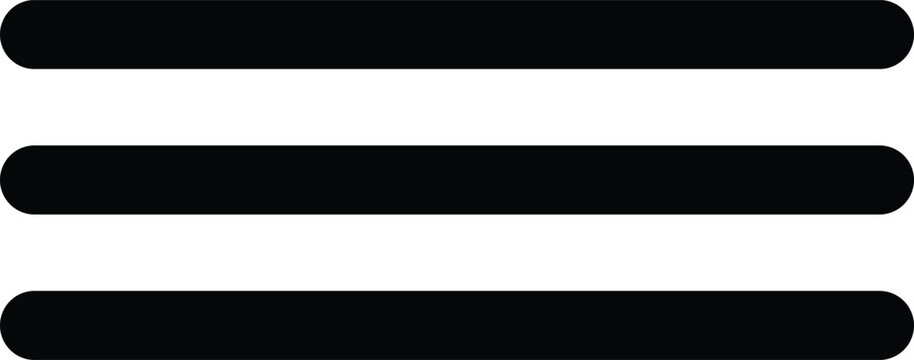 Hamburger menu icon vector graphic illustration featuring three simple black horizontal rounded lines on white background for website navigation and mobile application interface design