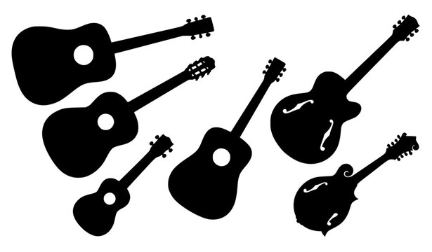 Acoustic and classical guitar silhouette set with folk musical instruments in dynamic layout