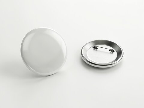 Blank white pin button badge mockup front and back view, realistic round metal pinback button, empty metallic badge template for branding design