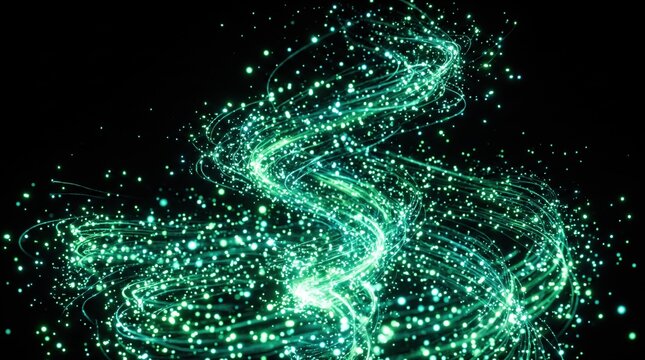 Abstract green particle wave background, glowing magic dust overlay, shiny cyber network bokeh trail effect