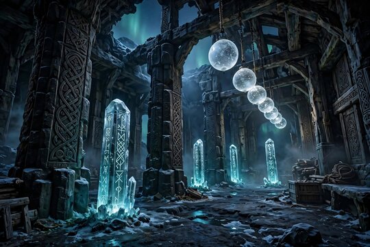 Mystical Norse Viking Hall with Glowing Crystal Runes and Celestial Spheres