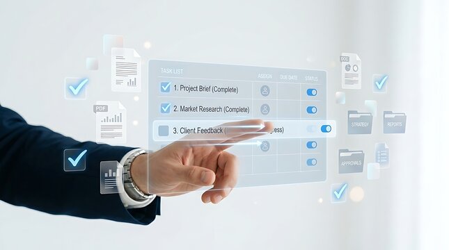 A business professional interacting with a glowing digital task checklist interface on a transparent virtual touchscreen displaying project planning and workflow management
