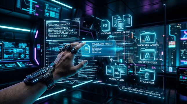 A person interacting with a glowing holographic digital interface displaying operational protocols, PDF files, and confidential archives in a futuristic control room