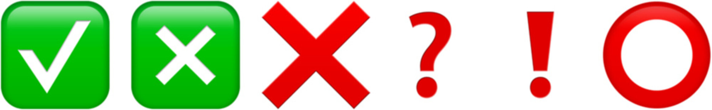 Glossy green check mark and cross buttons with red X, question mark, exclamation point and circle symbols. Right and wrong, yes and no answer signs for quiz, survey and voting design. Isolated.