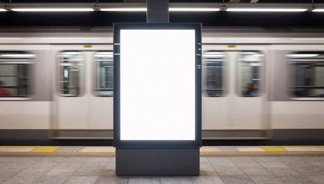 Blank digital billboard displays information next to a blurred train on a subway platform