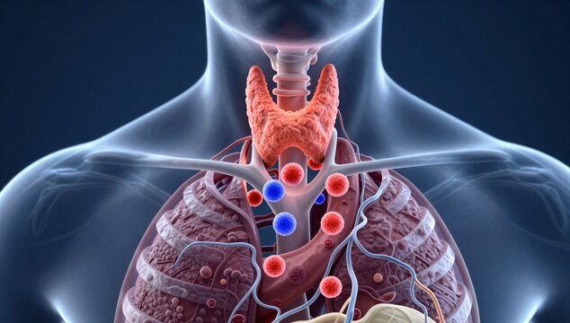 Detailed 3D illustration of the human thyroid gland and surrounding anatomical structures