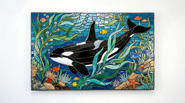 Orca mosaic art piece in an underwater kelp forest setting