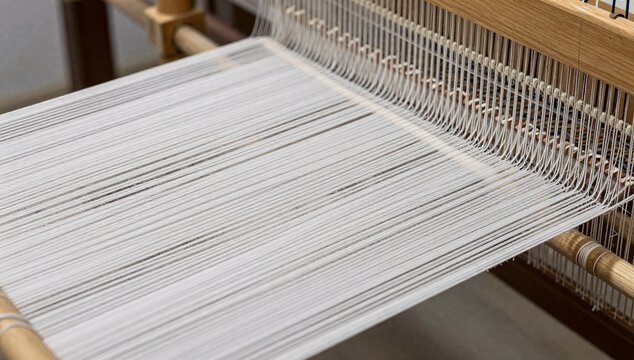 Close up of white threads on a wooden loom ready for weaving fabric