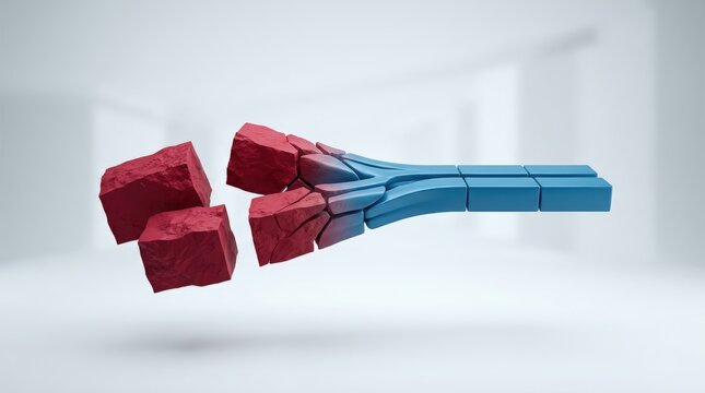 Two rough red geometric blocks breaking away from blue rectangular blocks