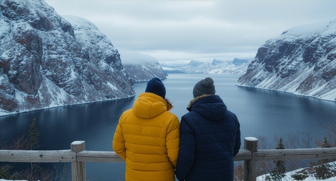 Back view of two travelers in winter jackets standing by a wooden fence, looking at a stunning panoramic fjord landscape surrounded by snow-covered mountains on a cold cloudy day