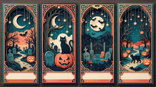Vintage paper cut Halloween banners, 4 layered spooky night vertical art frames, black cat and pumpkin graveyard decor