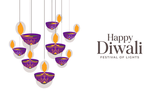 Hanging purple and gold Diwali diya lamps celebration banner