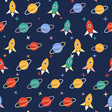 Rockets planets and stars outer space tossed seamless pattern on midnight navy background