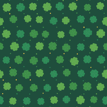 Four leaf clover lucky shamrock ditsy seamless pattern on deep green background