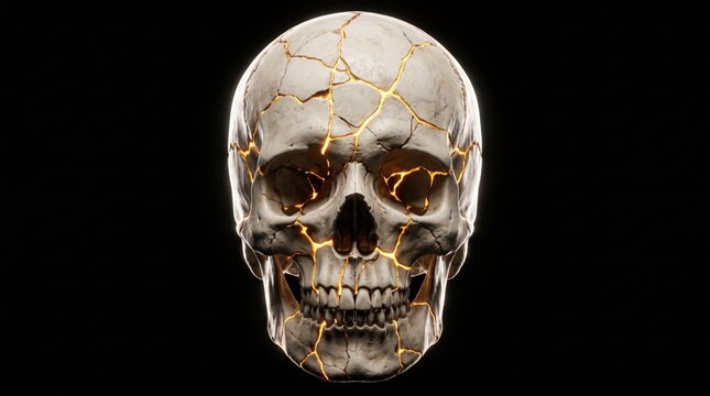 Kintsugi human skull with glowing golden cracks, cracked bone skeleton head with gold veins, dark gothic mortality concept art