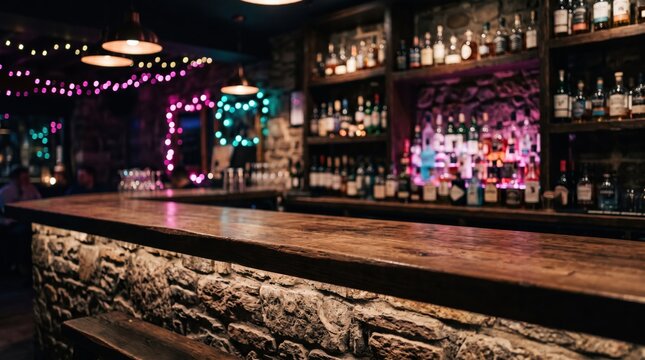 Rustic bar counter with liquor bottles on shelves, cozy tavern interior with stone wall and moody lighting, empty pub bar top background
