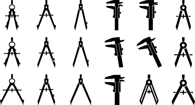 Collection of drafting tools including compasses and calipers presented as black silhouettes on a white background